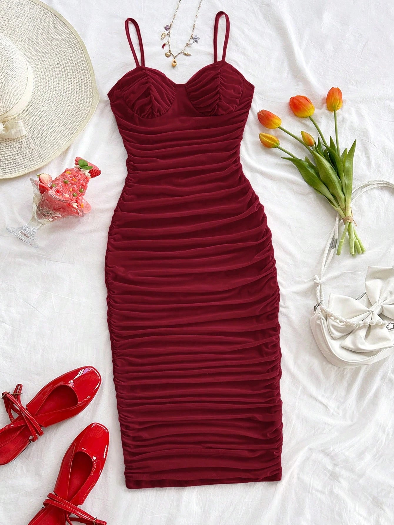 Soleia Sexy Elegant Mesh Ruched Cami Mini Dress, Can Be Worn As Inner Or Outer Layer, Burgundy, Valentine's Day Night Out Bohemian, No Chest Padding