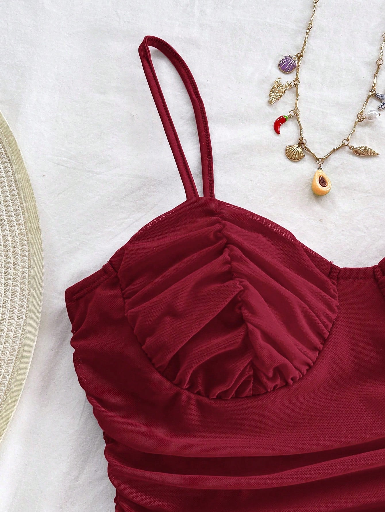 Soleia Sexy Elegant Mesh Ruched Cami Mini Dress, Can Be Worn As Inner Or Outer Layer, Burgundy, Valentine's Day Night Out Bohemian, No Chest Padding
