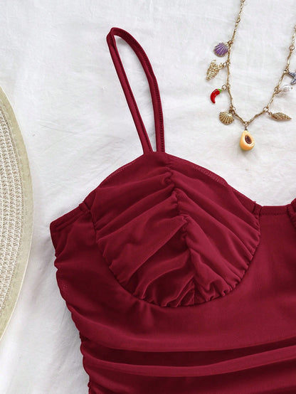 Soleia Sexy Elegant Mesh Ruched Cami Mini Dress, Can Be Worn As Inner Or Outer Layer, Burgundy, Valentine's Day Night Out Bohemian, No Chest Padding