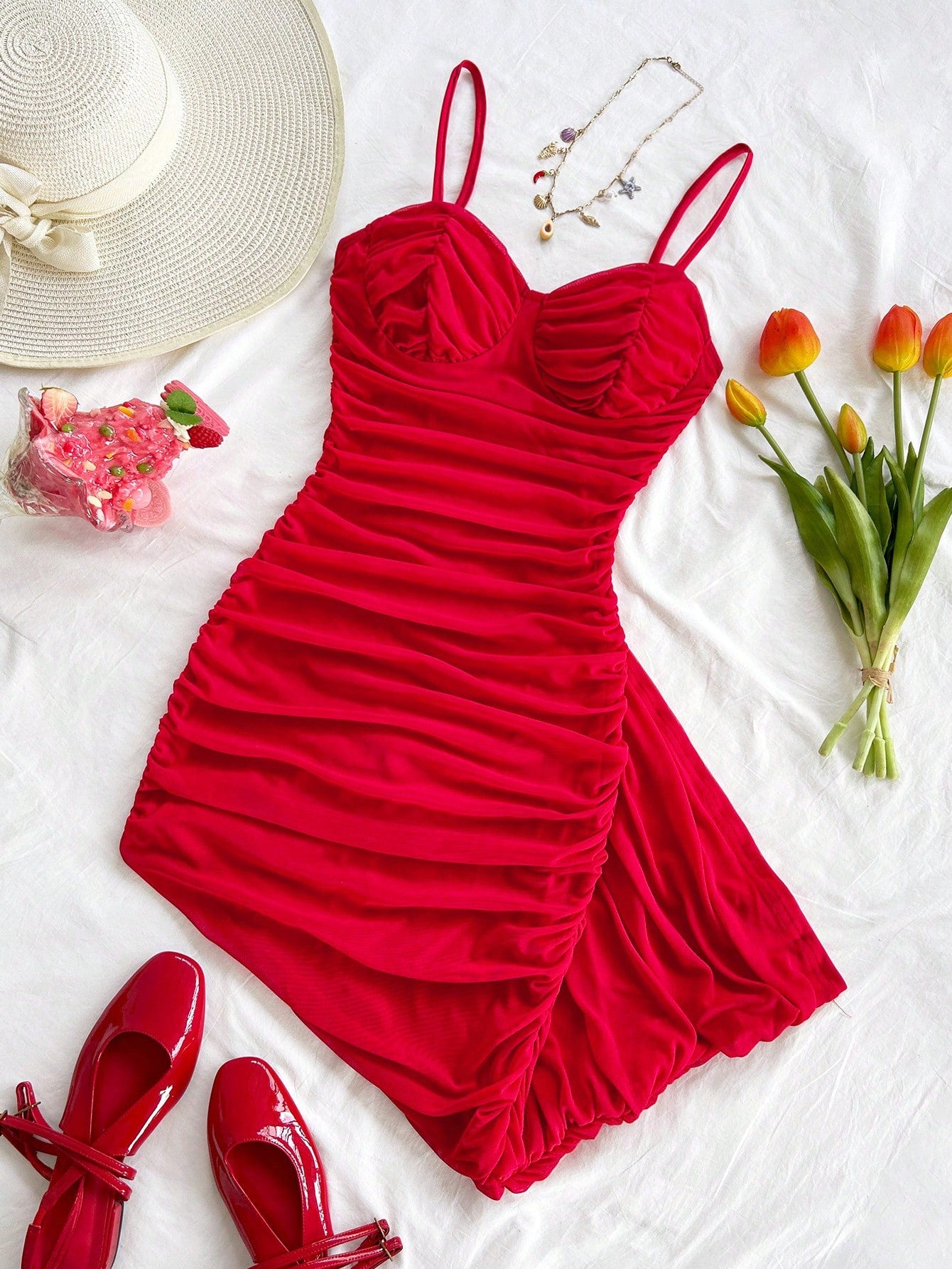 Soleia Sexy Elegant Mesh Ruched Cami Mini Dress, Can Be Worn As Inner Or Outer Layer, Burgundy, Valentine's Day Night Out Bohemian, No Chest Padding