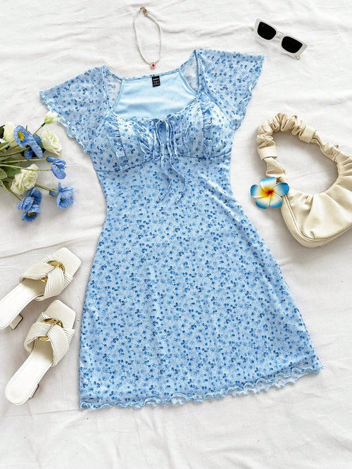 Soleia Short Vacation Knit Square Neckline Dress With Floral Print And Lace-Up Detail,Pastel Dresses For Women