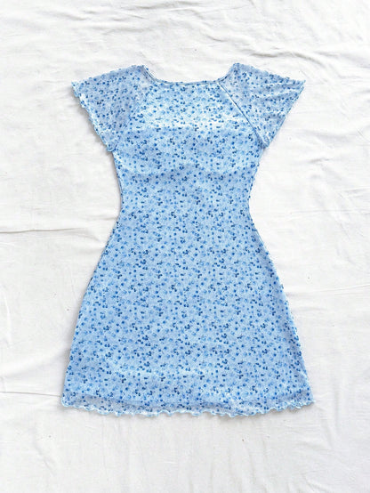Soleia Short Vacation Knit Square Neckline Dress With Floral Print And Lace-Up Detail,Pastel Dresses For Women