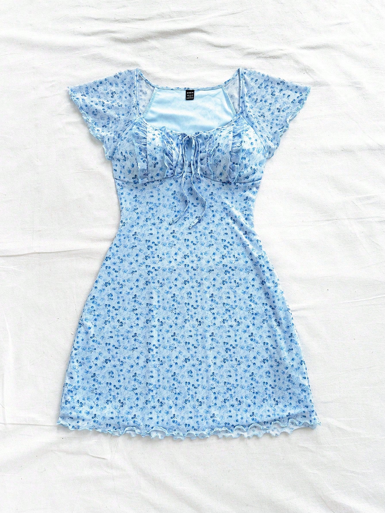 Soleia Short Vacation Knit Square Neckline Dress With Floral Print And Lace-Up Detail,Pastel Dresses For Women