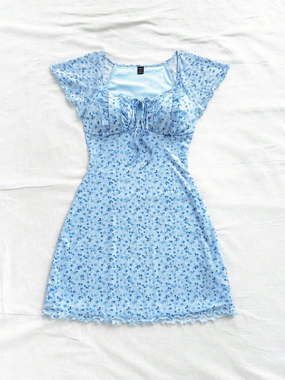 Soleia Short Vacation Knit Square Neckline Dress With Floral Print And Lace-Up Detail,Pastel Dresses For Women