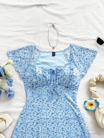 Soleia Short Vacation Knit Square Neckline Dress With Floral Print And Lace-Up Detail,Pastel Dresses For Women