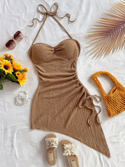 Soleia Vacation Halter Tie-Up Drawstring Textured Fabric Asymmetrical Hem Dress Beach Vacation Coffee Brown Summer Tropical No Chest Padding