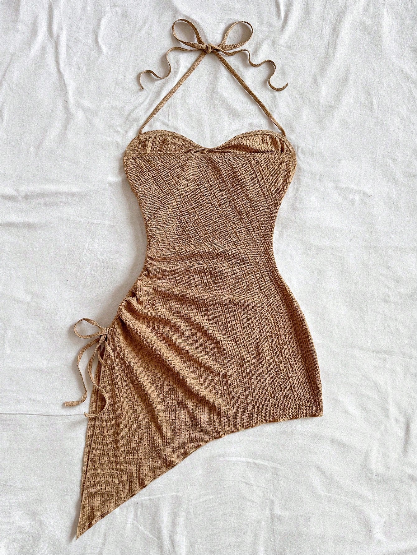 Soleia Vacation Halter Tie-Up Drawstring Textured Fabric Asymmetrical Hem Dress Beach Vacation Coffee Brown Summer Tropical No Chest Padding
