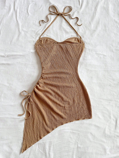 Soleia Vacation Halter Tie-Up Drawstring Textured Fabric Asymmetrical Hem Dress Beach Vacation Coffee Brown Summer Tropical No Chest Padding