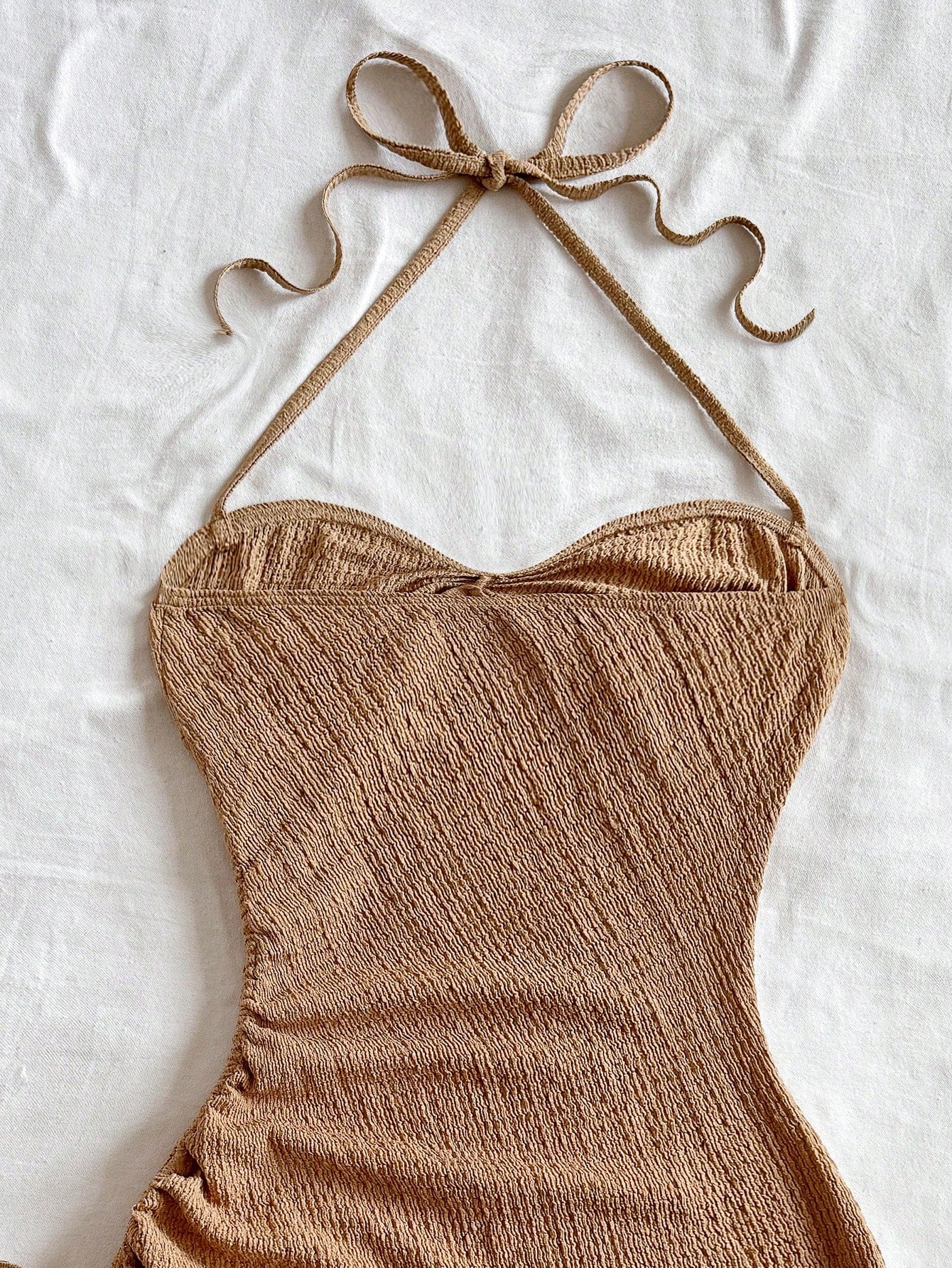 Soleia Vacation Halter Tie-Up Drawstring Textured Fabric Asymmetrical Hem Dress Beach Vacation Coffee Brown Summer Tropical No Chest Padding