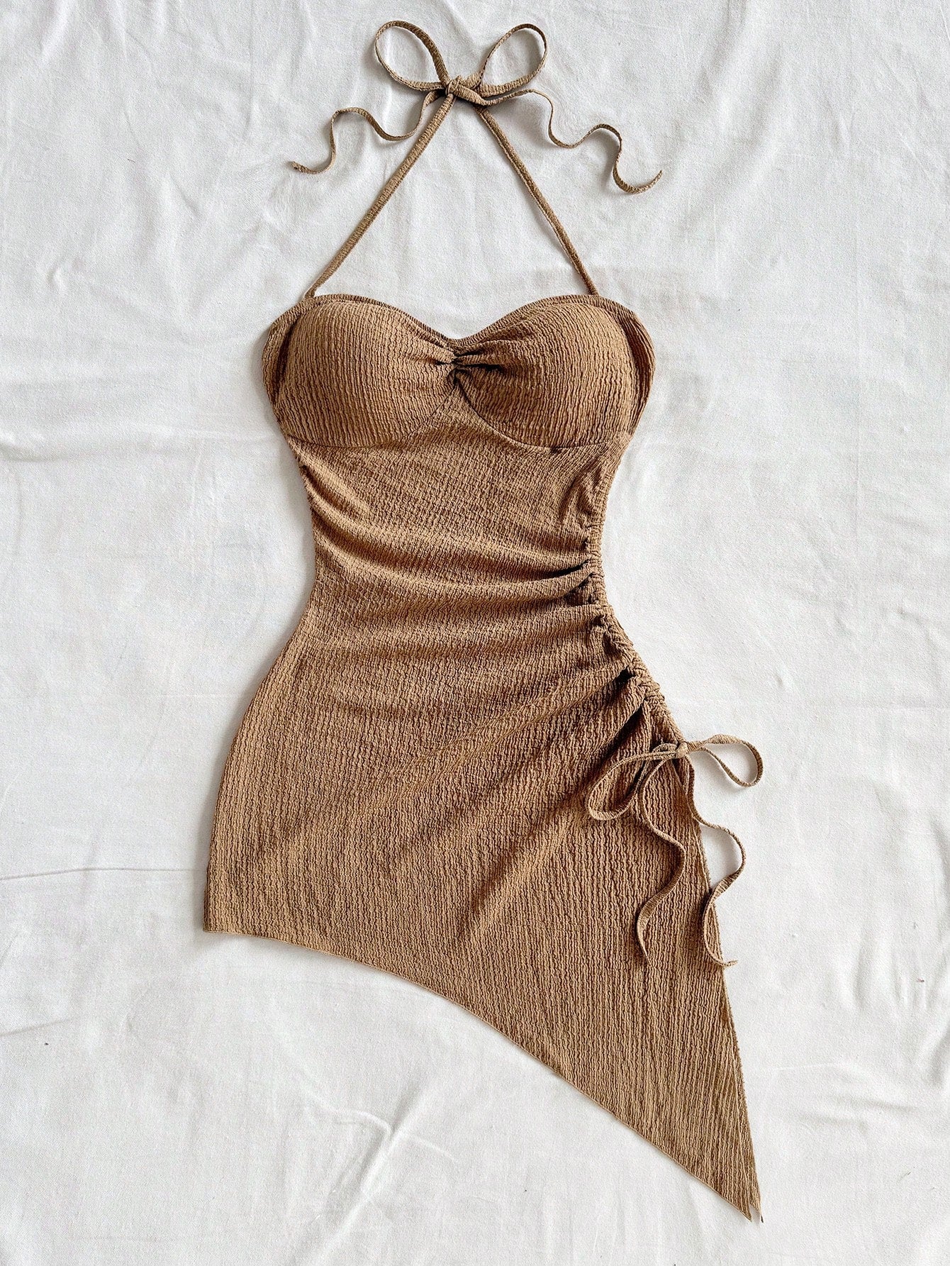 Soleia Vacation Halter Tie-Up Drawstring Textured Fabric Asymmetrical Hem Dress Beach Vacation Coffee Brown Summer Tropical No Chest Padding