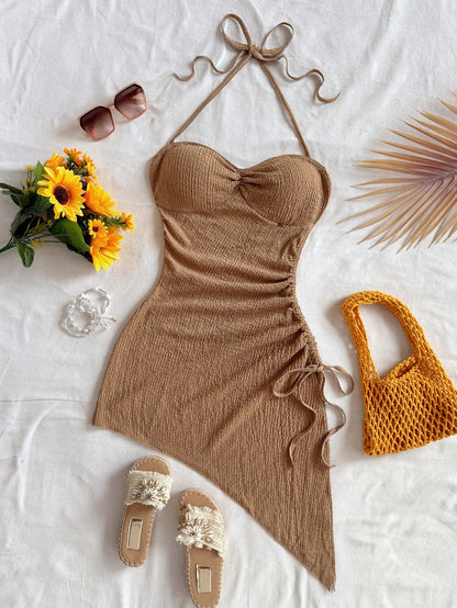 Soleia Vacation Halter Tie-Up Drawstring Textured Fabric Asymmetrical Hem Dress Beach Vacation Coffee Brown Summer Tropical No Chest Padding