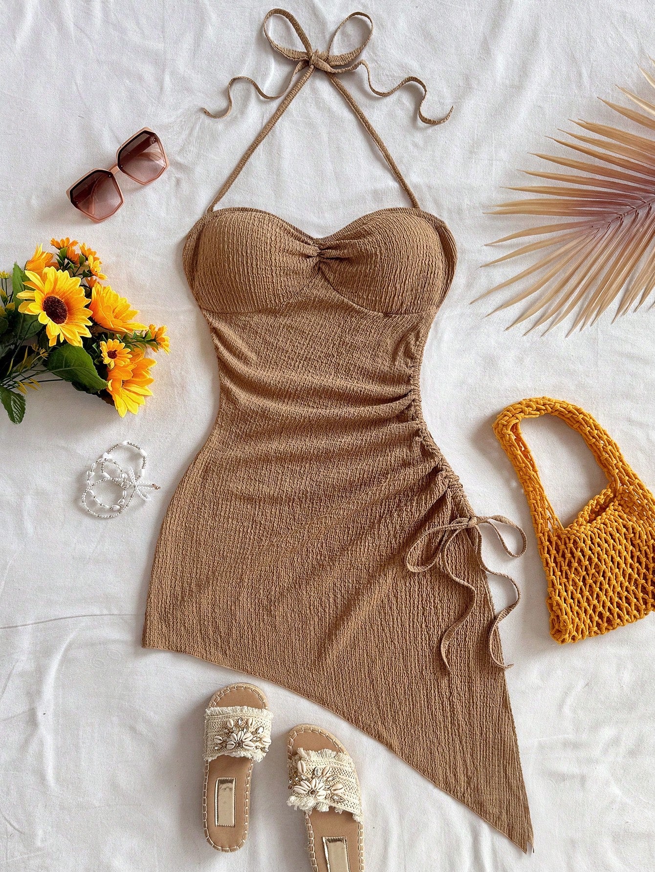 Soleia Vacation Halter Tie-Up Drawstring Textured Fabric Asymmetrical Hem Dress Beach Vacation Coffee Brown Summer Tropical No Chest Padding