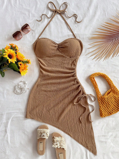 Soleia Vacation Halter Tie-Up Drawstring Textured Fabric Asymmetrical Hem Dress Beach Vacation Coffee Brown Summer Tropical No Chest Padding