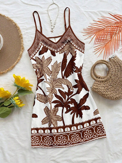 Soleia White,Summer,Tropical,Holiday,Vacation,Holiday Bohemian Retro Beach Coconut Tree Floral Brown & Blue Print Spaghetti Strap Mini Dress For Women