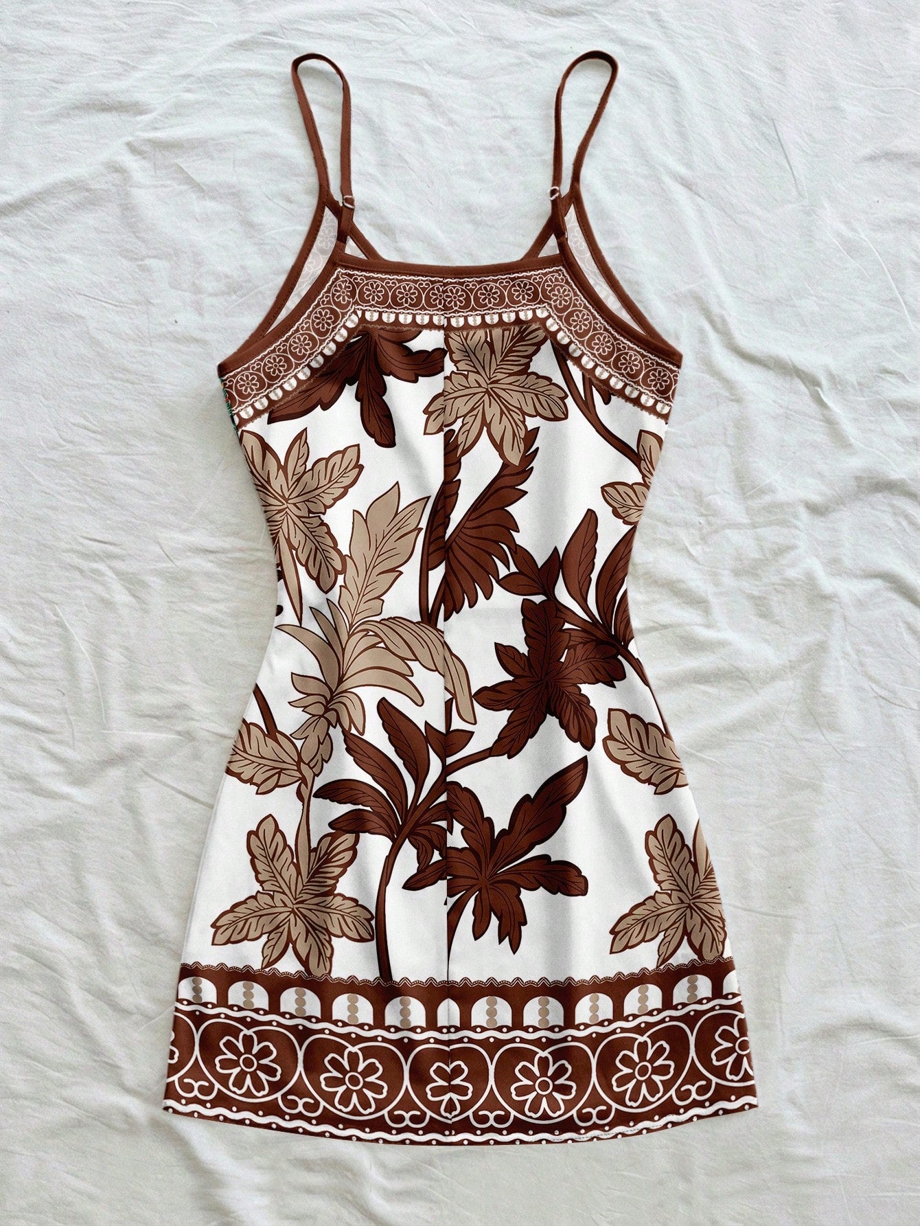 Soleia White,Summer,Tropical,Holiday,Vacation,Holiday Bohemian Retro Beach Coconut Tree Floral Brown & Blue Print Spaghetti Strap Mini Dress For Women