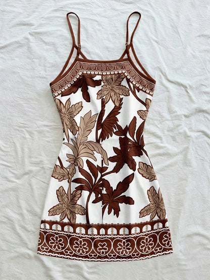Soleia White,Summer,Tropical,Holiday,Vacation,Holiday Bohemian Retro Beach Coconut Tree Floral Brown & Blue Print Spaghetti Strap Mini Dress For Women