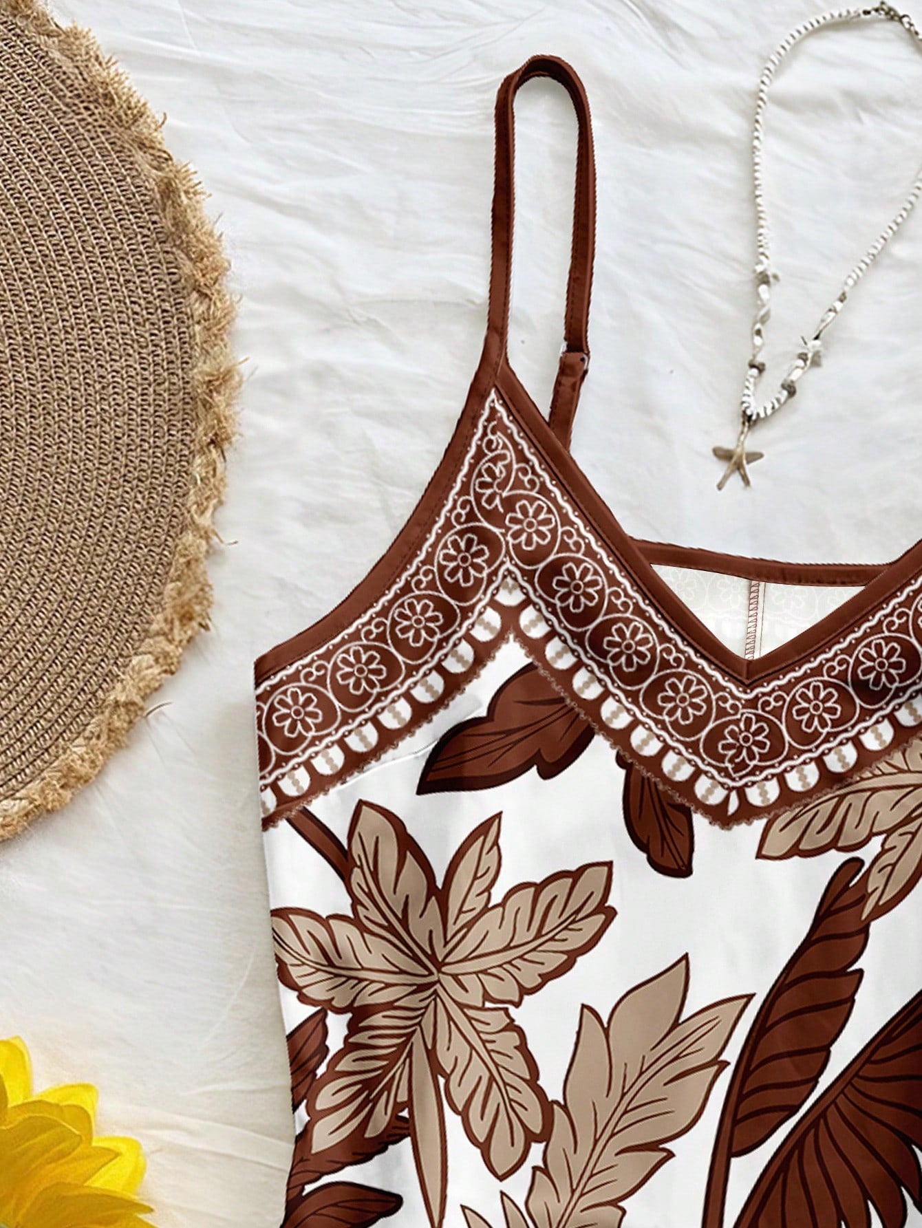 Soleia White,Summer,Tropical,Holiday,Vacation,Holiday Bohemian Retro Beach Coconut Tree Floral Brown & Blue Print Spaghetti Strap Mini Dress For Women