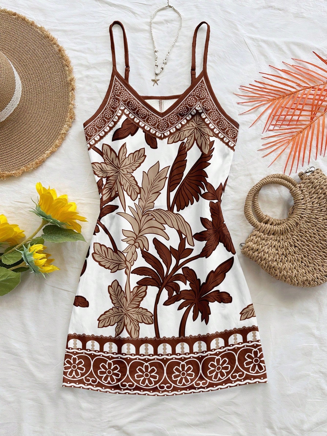 Soleia White,Summer,Tropical,Holiday,Vacation,Holiday Bohemian Retro Beach Coconut Tree Floral Brown & Blue Print Spaghetti Strap Mini Dress For Women
