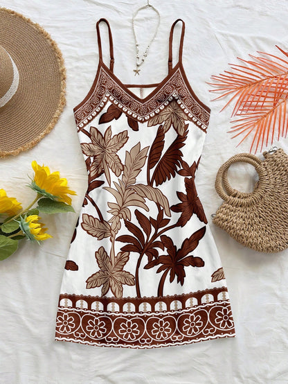 Soleia White,Summer,Tropical,Holiday,Vacation,Holiday Bohemian Retro Beach Coconut Tree Floral Brown & Blue Print Spaghetti Strap Mini Dress For Women