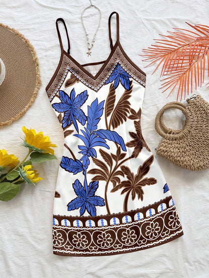Soleia White,Summer,Tropical,Holiday,Vacation,Holiday Bohemian Retro Beach Coconut Tree Floral Brown & Blue Print Spaghetti Strap Mini Dress For Women