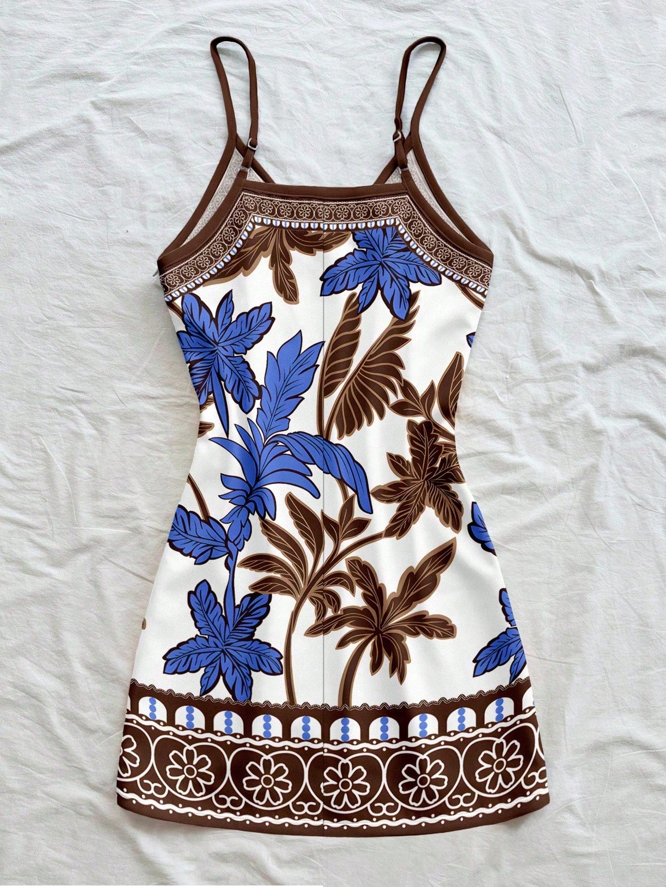 Soleia White,Summer,Tropical,Holiday,Vacation,Holiday Bohemian Retro Beach Coconut Tree Floral Brown & Blue Print Spaghetti Strap Mini Dress For Women