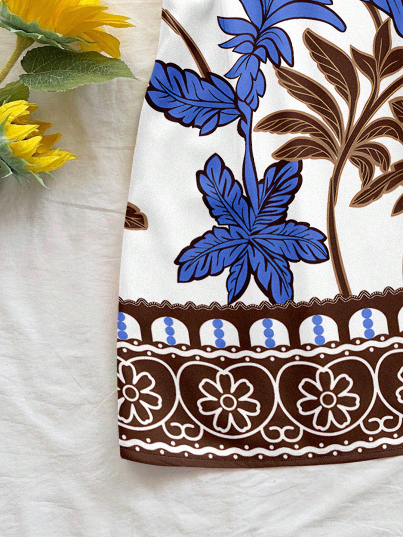 Soleia White,Summer,Tropical,Holiday,Vacation,Holiday Bohemian Retro Beach Coconut Tree Floral Brown & Blue Print Spaghetti Strap Mini Dress For Women