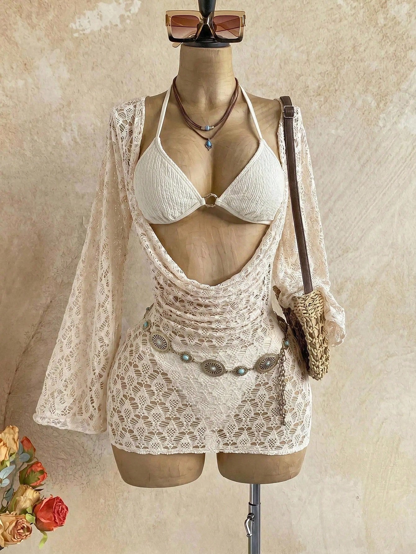 Soleia Women's 3-Piece Sexy Bikini Swimsuit With Apricot Mesh Cover-Up Skirt, Fashionable Sexy Swimwear Bathing Suit For Women