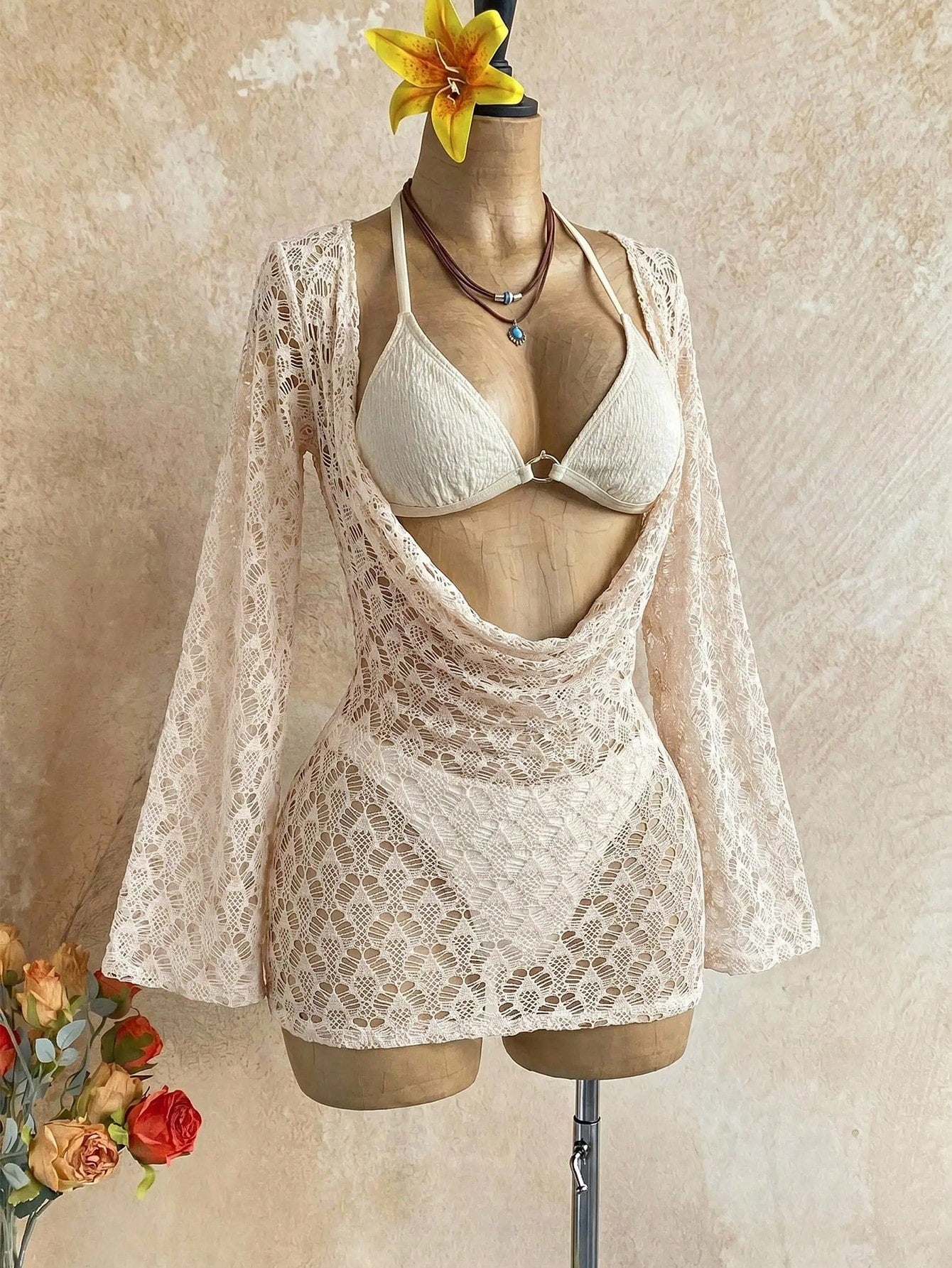 Soleia Women's 3-Piece Sexy Bikini Swimsuit With Apricot Mesh Cover-Up Skirt, Fashionable Sexy Swimwear Bathing Suit For Women