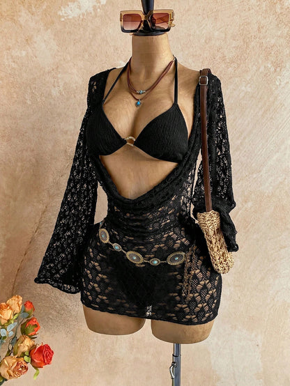 Soleia Women's 3-Piece Sexy Bikini Swimsuit With Coffee Color Mesh Cover-Up Skirt, Fashionable Sexy Swimwear Bathing Suits For Women