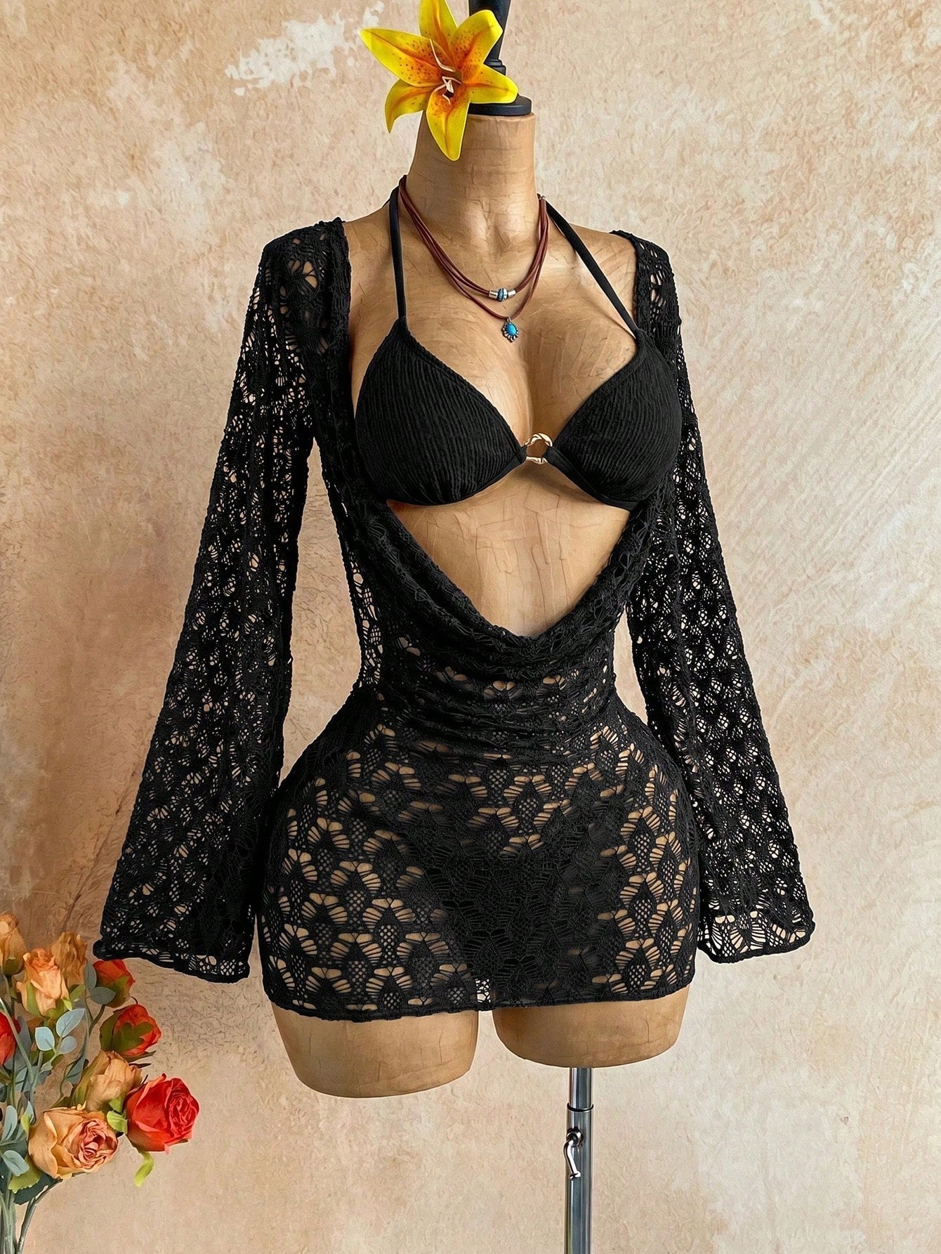 Soleia Women's 3-Piece Sexy Bikini Swimsuit With Coffee Color Mesh Cover-Up Skirt, Fashionable Sexy Swimwear Bathing Suits For Women