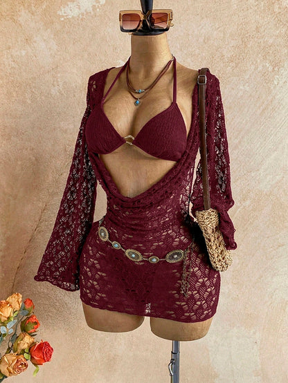 Soleia Women's 3-Piece Sexy Bikini Swimsuit With Mesh Cover-Up Skirt, J Burgundy, Fashionable Sexy Swimwear Bathing Suit For Women Beach Outfits