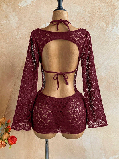 Soleia Women's 3-Piece Sexy Bikini Swimsuit With Mesh Cover-Up Skirt, J Burgundy, Fashionable Sexy Swimwear Bathing Suit For Women Beach Outfits