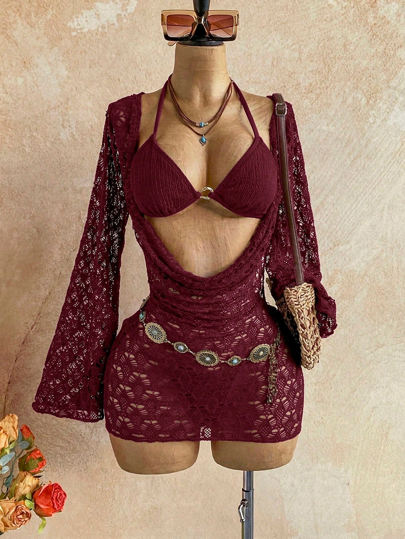 Soleia Women's 3-Piece Sexy Bikini Swimsuit With Mesh Cover-Up Skirt, J Burgundy, Fashionable Sexy Swimwear Bathing Suit For Women Beach Outfits