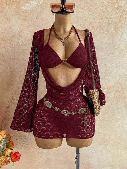 Soleia Women's 3-Piece Sexy Bikini Swimsuit With Mesh Cover-Up Skirt, J Burgundy, Fashionable Sexy Swimwear Bathing Suit For Women Beach Outfits