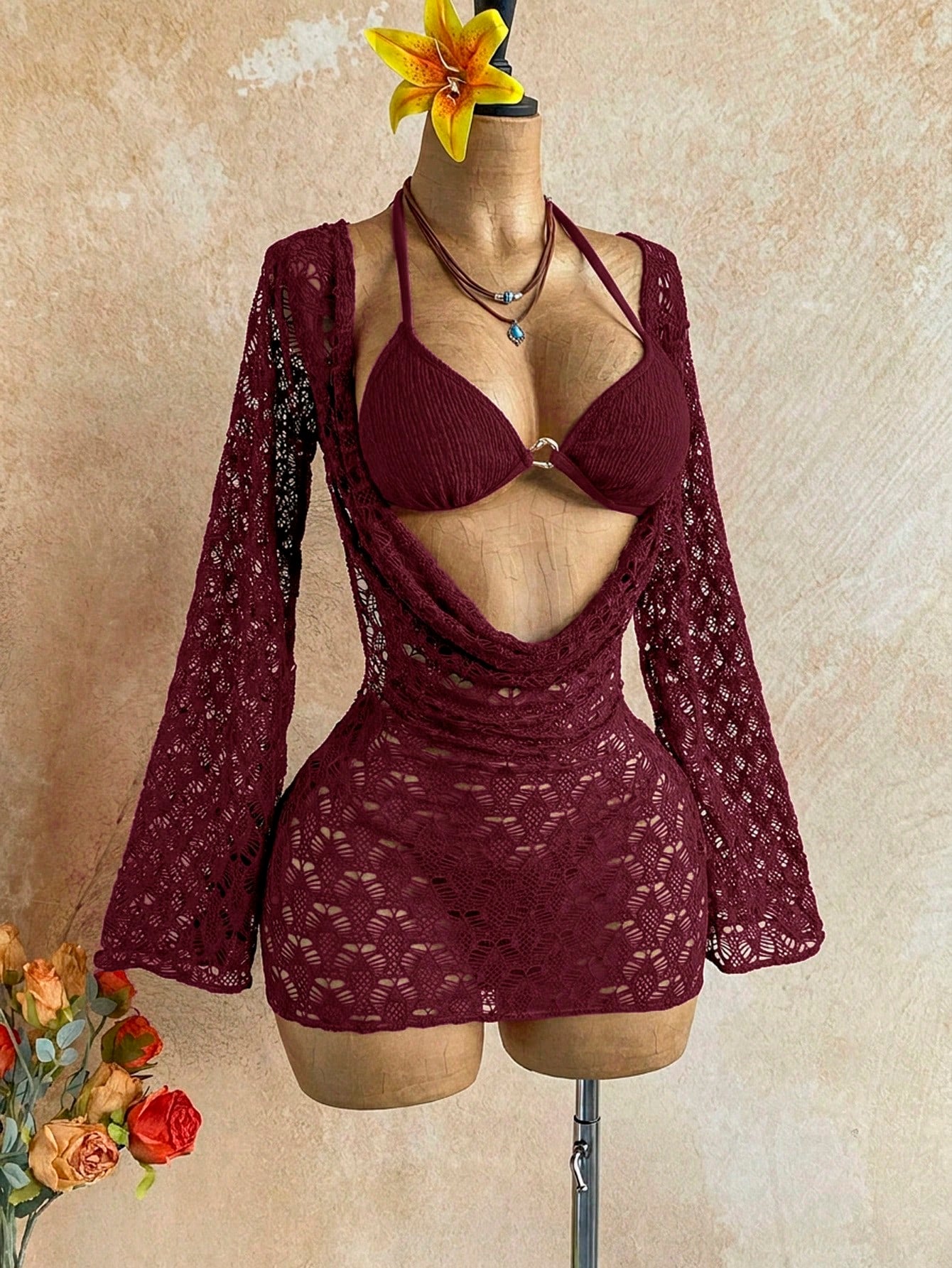 Soleia Women's 3-Piece Sexy Bikini Swimsuit With Mesh Cover-Up Skirt, J Burgundy, Fashionable Sexy Swimwear Bathing Suit For Women Beach Outfits