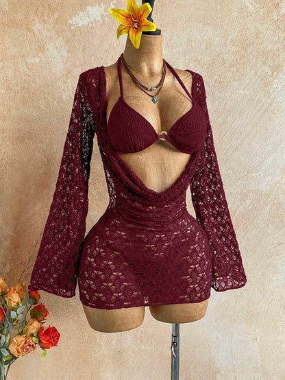 Soleia Women's 3-Piece Sexy Bikini Swimsuit With Mesh Cover-Up Skirt, J Burgundy, Fashionable Sexy Swimwear Bathing Suit For Women Beach Outfits