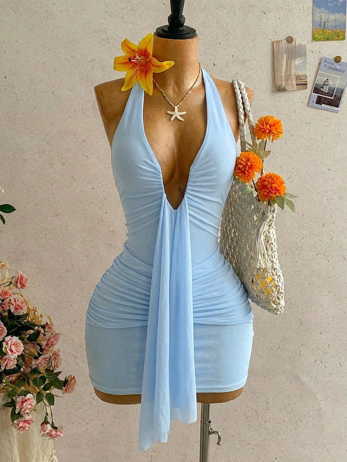 Soleia Women's Baby Blue V-Neck Halter Ribbon Bow Tie Ruched Mini Dress,Casual Holiday Vacation Beach Outfits Resort Wear City One Piece No Chest Padding