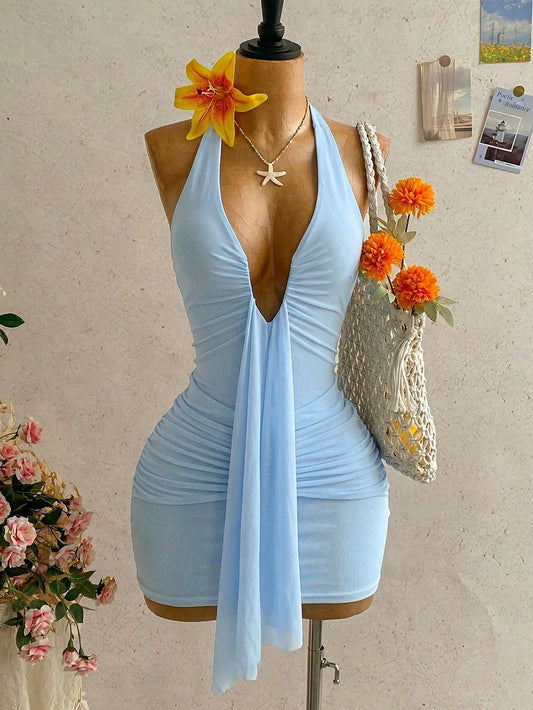 Soleia Women's Baby Blue V-Neck Halter Ribbon Bow Tie Ruched Mini Dress,Casual Holiday Vacation Beach Outfits Resort Wear City One Piece No Chest Padding