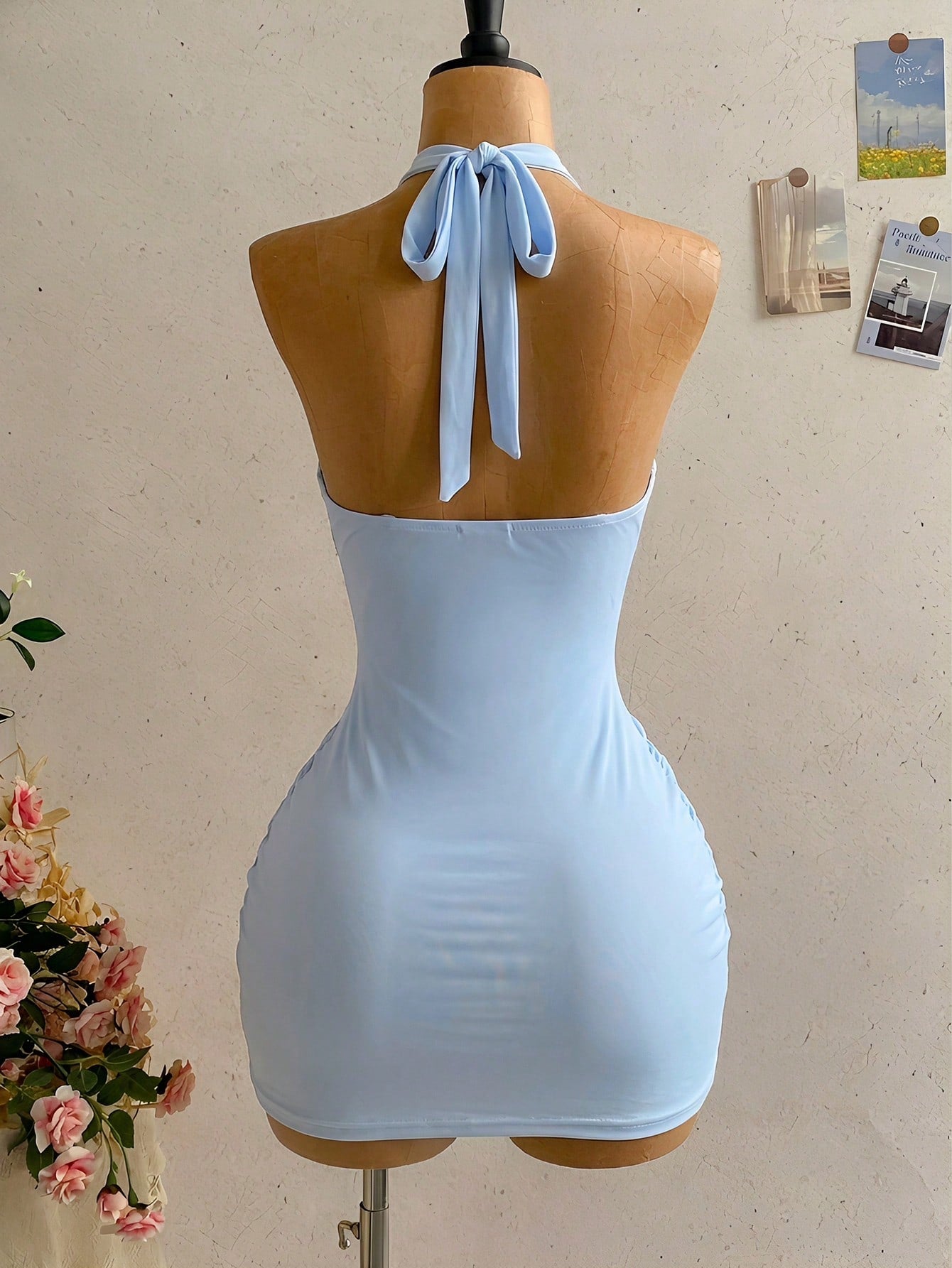 Soleia Women's Baby Blue V-Neck Halter Ribbon Bow Tie Ruched Mini Dress,Casual Holiday Vacation Beach Outfits Resort Wear City One Piece No Chest Padding