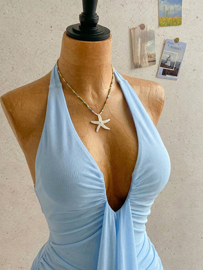 Soleia Women's Baby Blue V-Neck Halter Ribbon Bow Tie Ruched Mini Dress,Casual Holiday Vacation Beach Outfits Resort Wear City One Piece No Chest Padding