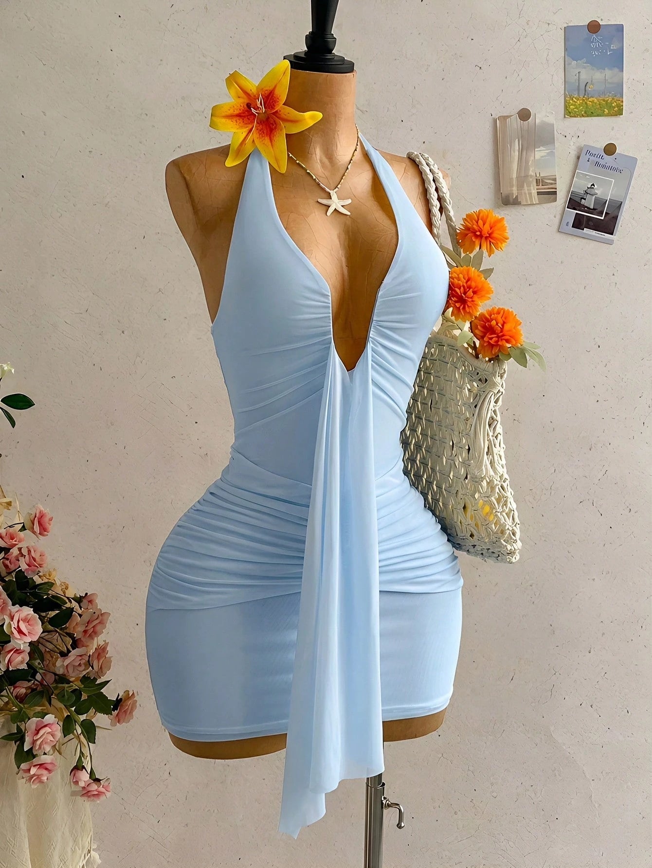 Soleia Women's Baby Blue V-Neck Halter Ribbon Bow Tie Ruched Mini Dress,Casual Holiday Vacation Beach Outfits Resort Wear City One Piece No Chest Padding