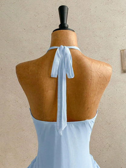 Soleia Women's Baby Blue V-Neck Halter Ribbon Bow Tie Ruched Mini Dress,Casual Holiday Vacation Beach Outfits Resort Wear City One Piece No Chest Padding