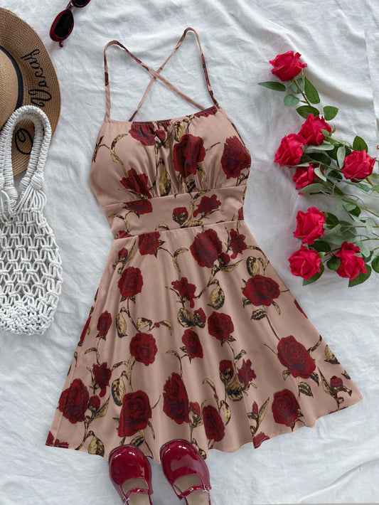 Soleia Women's Beige Red Floral Spaghetti Strap Backless A-Line Mini Dress, Boho Holiday Vacation Dress For Beach Cruise Valentine's Day No Chest Padding