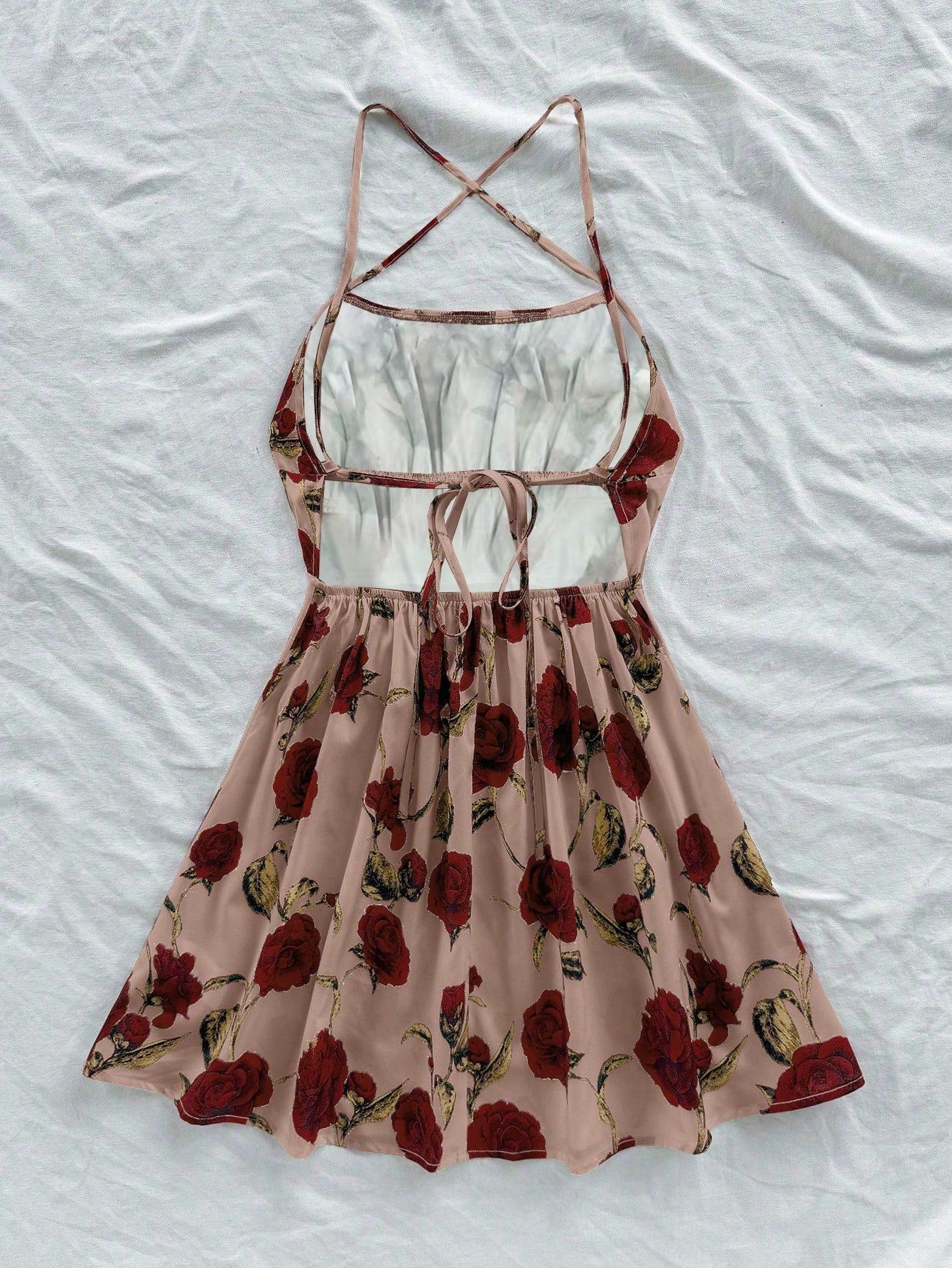 Soleia Women's Beige Red Floral Spaghetti Strap Backless A-Line Mini Dress, Boho Holiday Vacation Dress For Beach Cruise Valentine's Day No Chest Padding