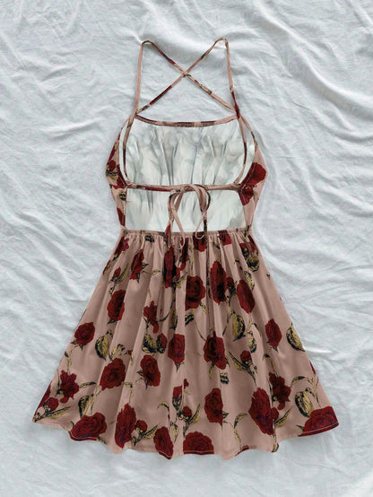 Soleia Women's Beige Red Floral Spaghetti Strap Backless A-Line Mini Dress, Boho Holiday Vacation Dress For Beach Cruise Valentine's Day No Chest Padding
