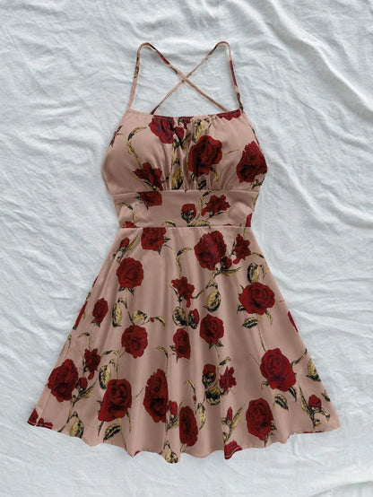 Soleia Women's Beige Red Floral Spaghetti Strap Backless A-Line Mini Dress, Boho Holiday Vacation Dress For Beach Cruise Valentine's Day No Chest Padding