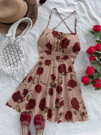 Soleia Women's Beige Red Floral Spaghetti Strap Backless A-Line Mini Dress, Boho Holiday Vacation Dress For Beach Cruise Valentine's Day No Chest Padding