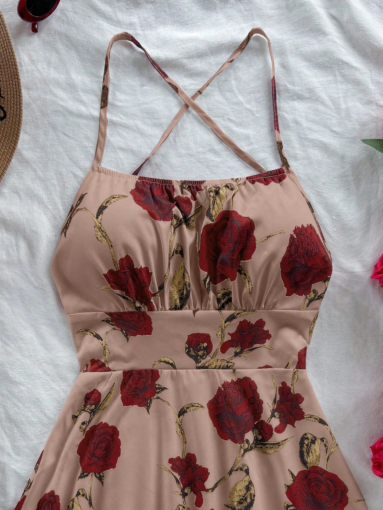 Soleia Women's Beige Red Floral Spaghetti Strap Backless A-Line Mini Dress, Boho Holiday Vacation Dress For Beach Cruise Valentine's Day No Chest Padding