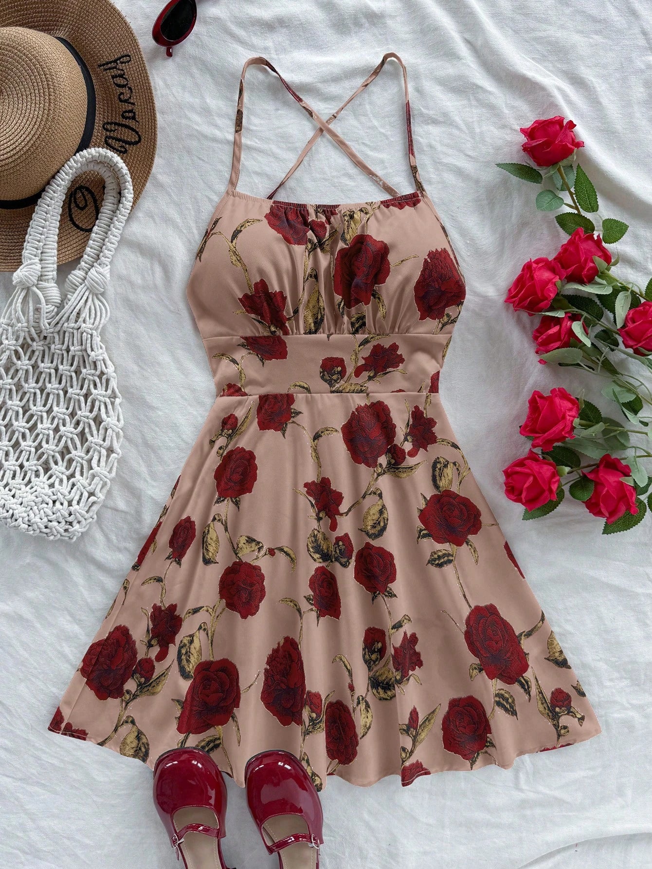 Soleia Women's Beige Red Floral Spaghetti Strap Backless A-Line Mini Dress, Boho Holiday Vacation Dress For Beach Cruise Valentine's Day No Chest Padding