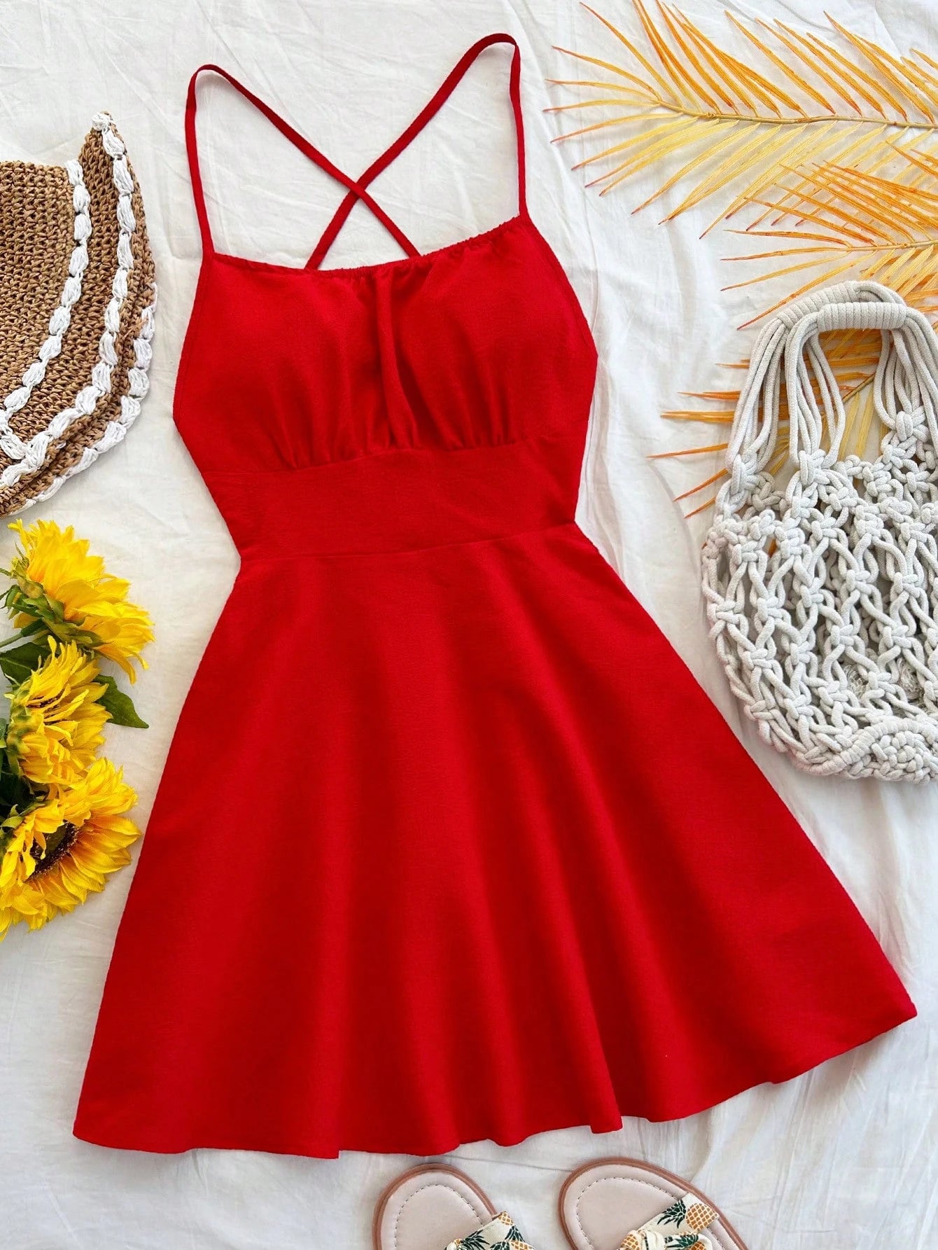 Soleia Women's Beige Red Floral Spaghetti Strap Backless A-Line Mini Dress, Boho Holiday Vacation Dress For Beach Cruise Valentine's Day No Chest Padding